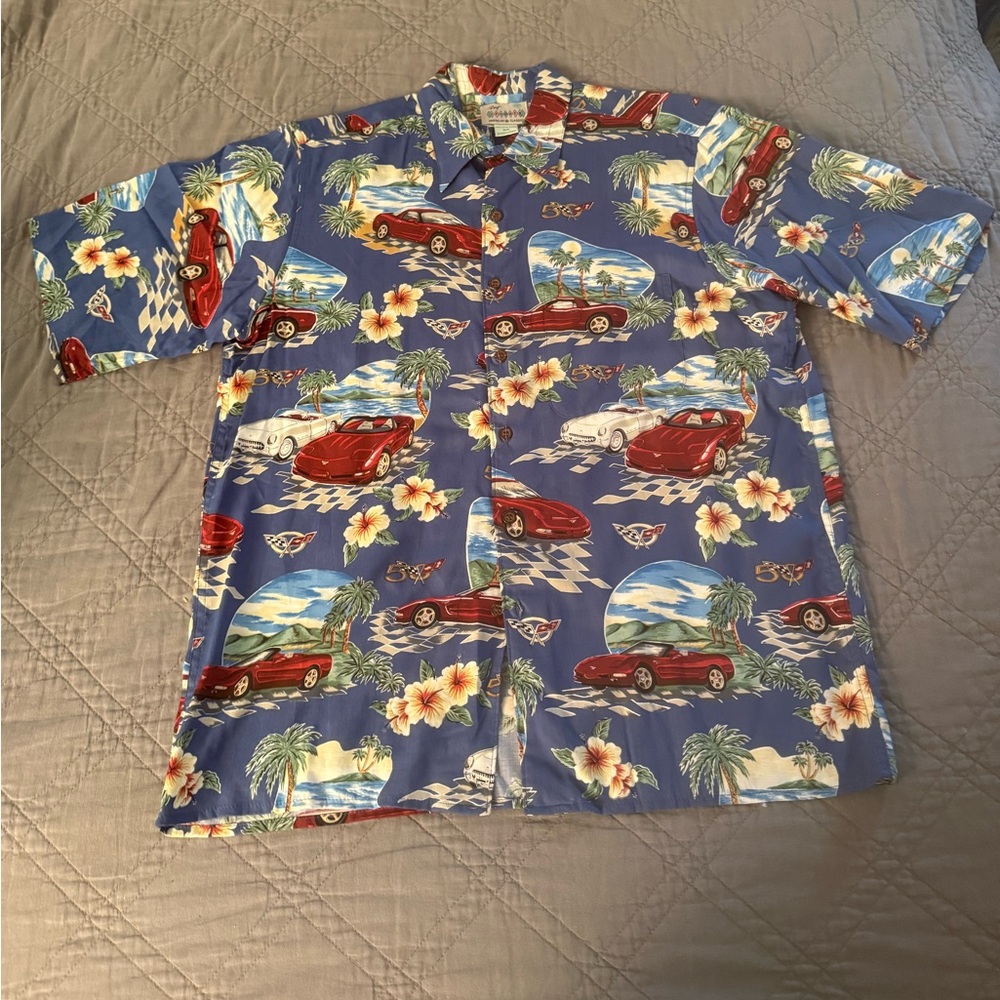 Vintage Reyn Spooner Chevy Corvette 50th Anniversary Hawaiian Shirt M Hot Rods